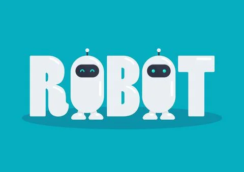 Robot word with two cute robot characters Stock Illustration