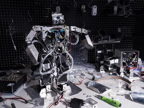 A robot is on the workbench 스톡 사진