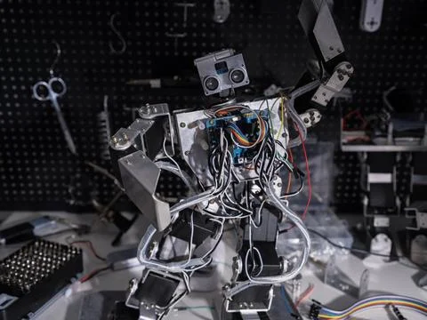 A robot is on the workbench 스톡 사진