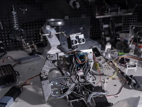 A robot is on the workbench Stock Photos
