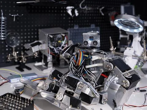 A robot is on the workbench 스톡 사진