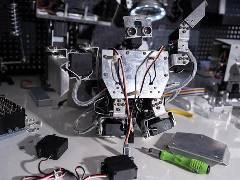 A robot is on the workbench 스톡 사진