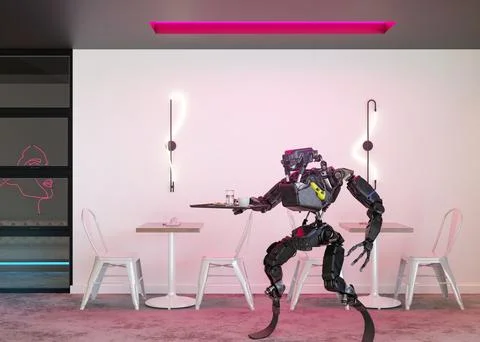 Robot working in cafe, restaurant. Artificial intelligence, digital technology Stock Illustration