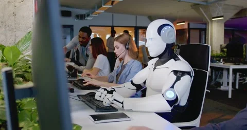 Robot working at computer among people. Maschine typing on keyboard in office Stock Footage 179969573