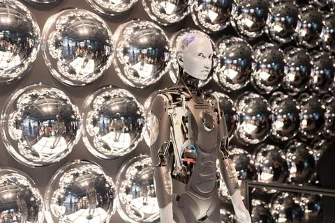 Robot working at computer among people. Maschine typing on keyboard in office. Stock Photos