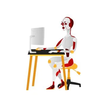 Robot working on computer, artificial intelligence Illustrazione stock