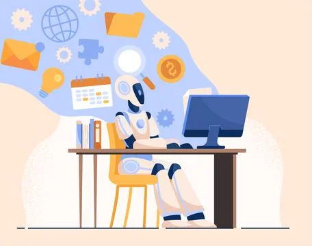 Robot working at computer desk. Vector illustration Stock Illustration