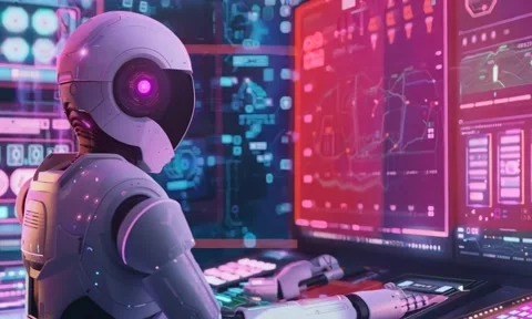 Robot Working on a Computer in An Office Stock Footage 294666236