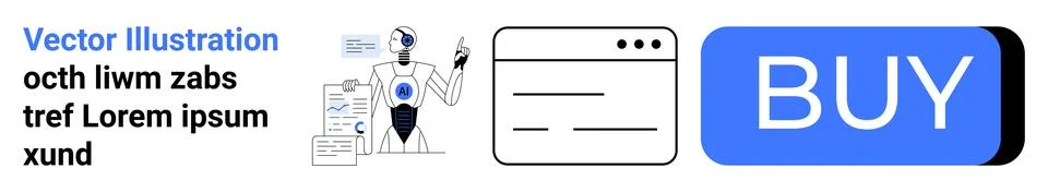 Robot Working on Computer with Pop-up Window and Large Blue Buy Button Stockillustratie