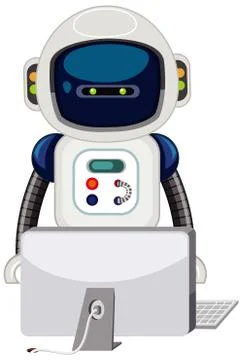 Robot working on computer on white background Illustrazione stock