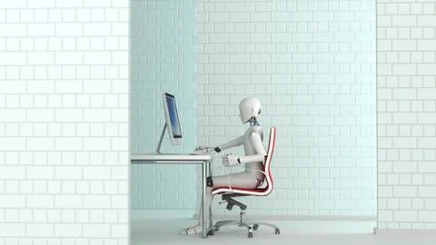 Robot working at desk, 3D Rendering Illustrazione stock