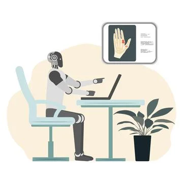 Robot working at desk with laptop, pointing at screen showing human hand x-.. Stock Illustration
