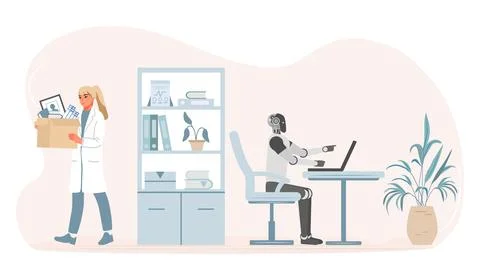 Robot working at desk while female scientist leaves lab carrying personal i.. Stock Illustration