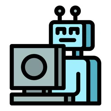 Robot working on desktop computer, artificial intelligence and automation 库存插图
