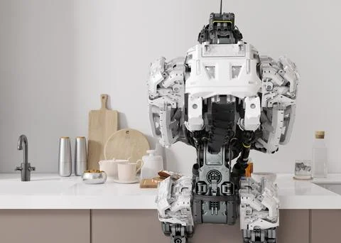 Robot working at home, cooking. Artificial intelligence, digital technology Stock Illustration