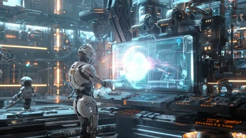 Robot Working on A Huge Screen Stock Footage 295169765