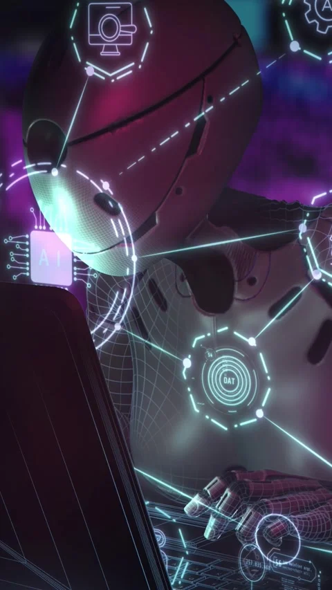 Robot working on laptop connecting global network data Stock Footage 345667097