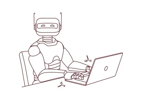 Robot working on laptop at desk Stock Illustration