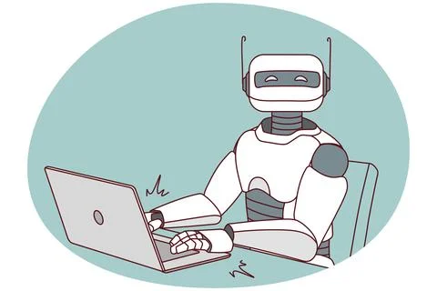 Robot working on laptop at desk Illustrazione stock