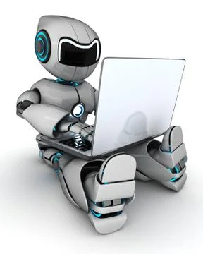 Robot working on laptop (done in 3d) Ilustración de archivo