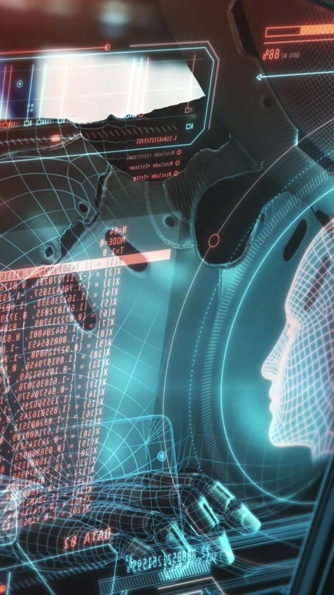 Robot working on laptop with holographic user interface and data analysis Stock Footage 345667125
