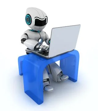 Robot working on laptop Stock Illustration