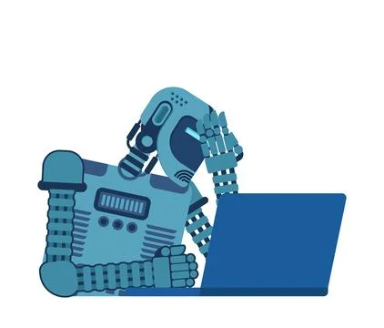 Robot working with a laptop, symbolizing artificial intelligence, data proc.. Stock Illustration