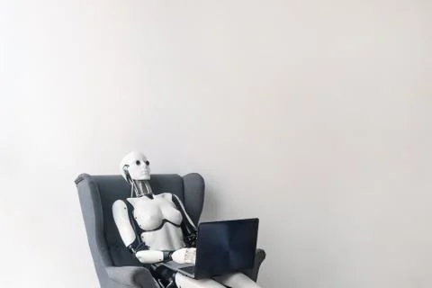 Robot working with laptop while sitting in armchair Stock Photos