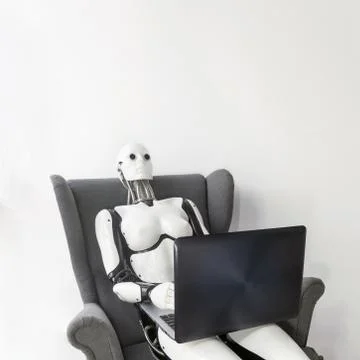 Robot working with laptop while sitting in armchair Stock Photos