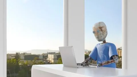 Robot working in office, using laptop Stock Illustration
