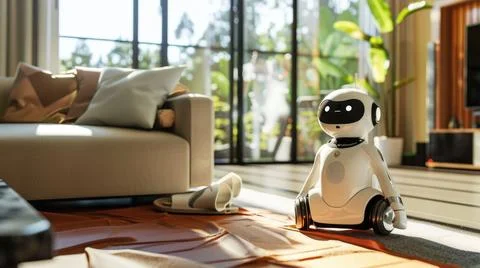 The robot working as vacuum cleaner inside indoor building to cleaning. AIG43. Fotos de archivo