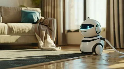 The robot working as vacuum cleaner inside indoor building to cleaning. AIG43. Fotos de archivo