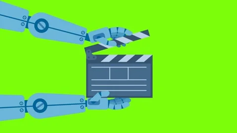Robot working on video editing clapperboard. AI video creation. Robot hands Stock Footage 341806231