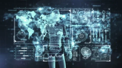 Robot working with virtual interactive interface with world map Stock Footage 315538672
