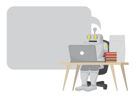 Robot working on a work desk with an empty speech bubble. Concept of automati Illustrazione stock