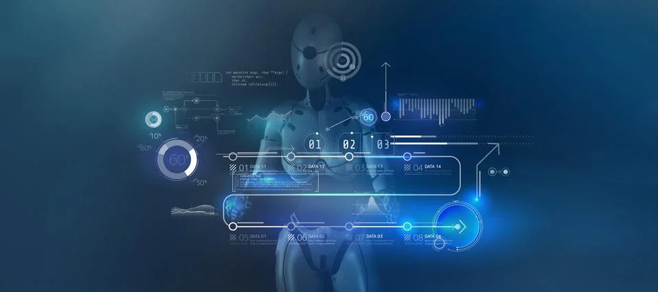 The robot works with an array of data. 3D render イラスト素材