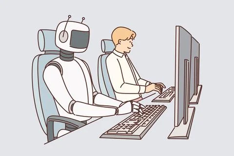 Robot works on computer and among people for concept introducing artificial Stock Illustration