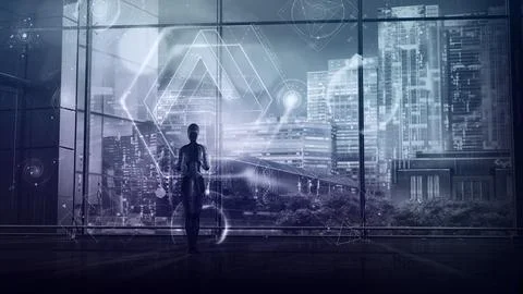 The robot works with the data hologram, 3D render. Illustrazione stock