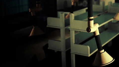 Robot works in a shop during the evening hours in a dimly lit space Stock Footage 344971420