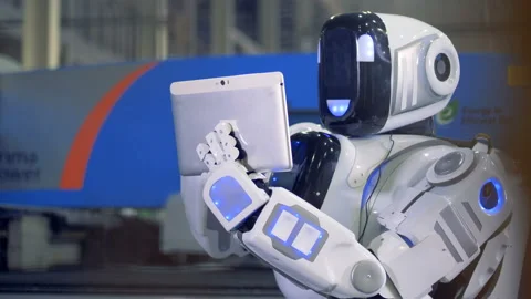Robot works with a tablet, close up. A c... | Stock Video | Pond5