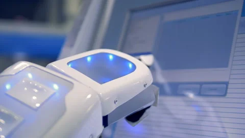 A robot works with a terminal machine, close up. Stock Footage 92686699