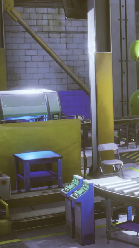 Robot workstation in manufacturing area with tools and machinery setup Stock Footage 336575208