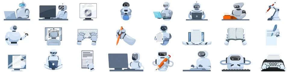 Robot-writer vector. A collection of robot characters with various jobs and Illustrazione stock