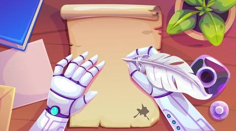 Robot writes poem with feather pen on paper scroll Stock Illustration