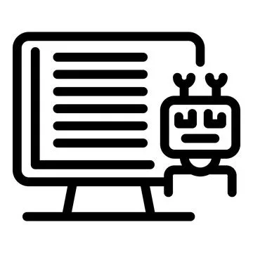 Robot writing code on desktop computer screen icon Stock Illustration