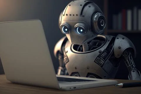 Robot writing on a laptop computer. Artificial intelligence metaphor Illustrazione stock