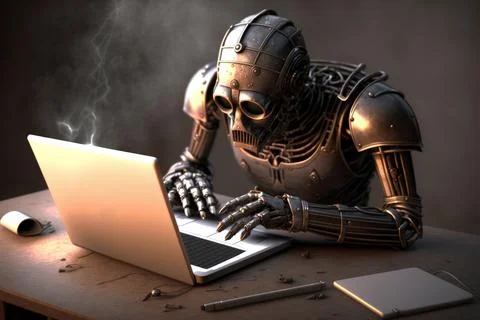 Robot writing on a laptop computer. Artificial intelligence metaphor Illustrazione stock