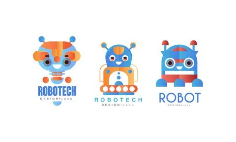 Robotech Logo Design Set, Cute Friendly Robot for Company Identity, Computer Illustrazione stock