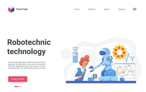 Robotechnic modern future technology landing page, robot helping engineer in Stock Illustration
