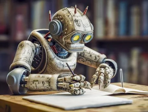 Roboter arbeitet am Schreibtisch, lernt zu denken wie ein Mensch, High-Tec... Stock Photos